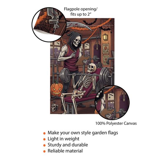 Skeleton Gym Halloween Garden Flag, Funny Weightlifting Yard Decor, Grim Reaper