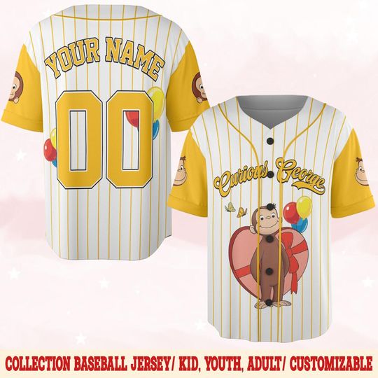 Curious George Birthday Baseball Jersey, Curious George Baseball Shirt, Curious George Birthday Boy Jersey, Custom Baseball Jersey