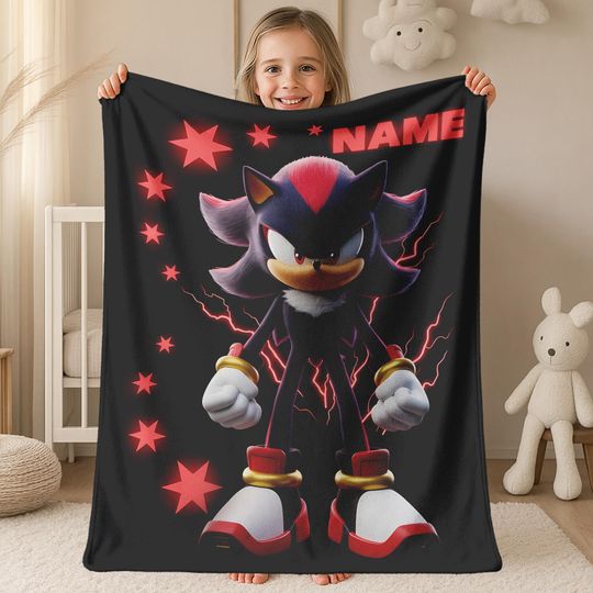 Custom Shadow The Hedgehog Blanket, Personalized Cartoon Hedgehog Minky Sherpa Blanket