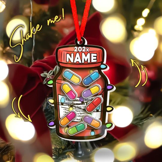 Personalized Prescription Pill Bottle Christmas Shaker Ornament, 4D Pill Jar Xmas Tree Decoration