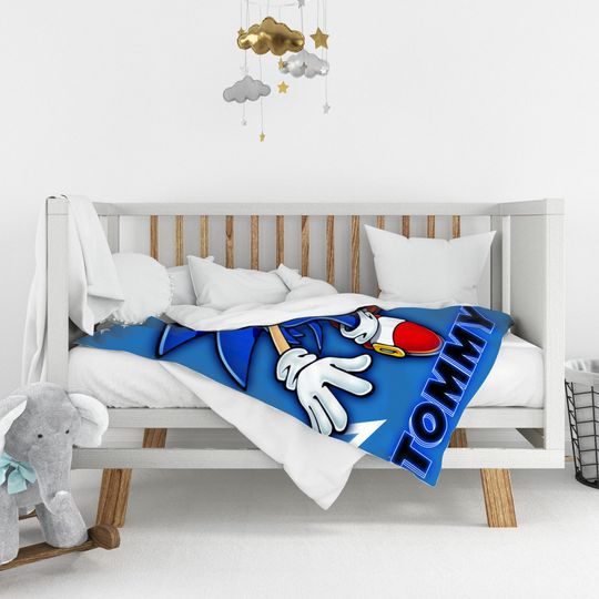 Custom Sonic The Hedgehog Blanket, Personalized Cartoon Hedgehog Minky Sherpa Blanket