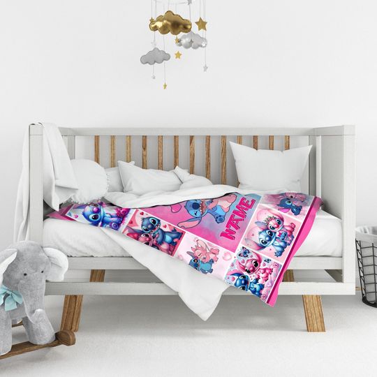 Personalized Name Stitch Angel Blanket, Custom Disney Blanket, Stitch Blanket