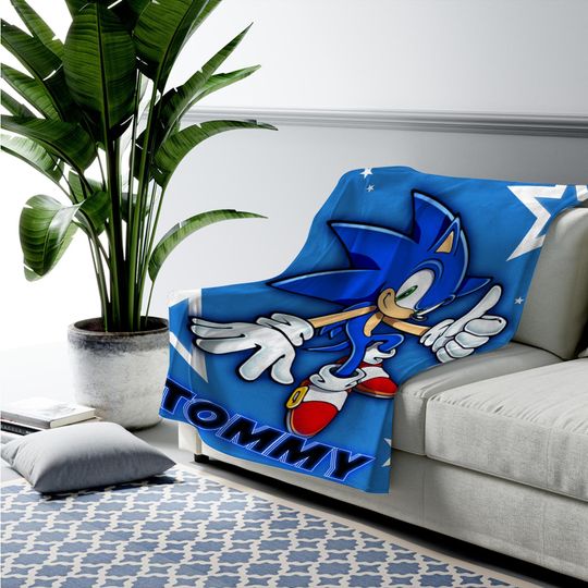 Custom Sonic The Hedgehog Blanket, Personalized Cartoon Hedgehog Minky Sherpa Blanket