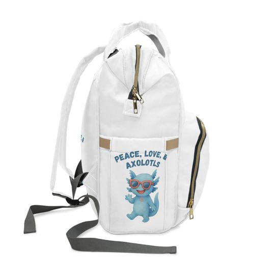 Stylish Multifunctional Diaper Backpack with Cute Axolotl Design, Baby Bag, Mom Backpack, Maternity Tote, Peace, Love Design BLUE