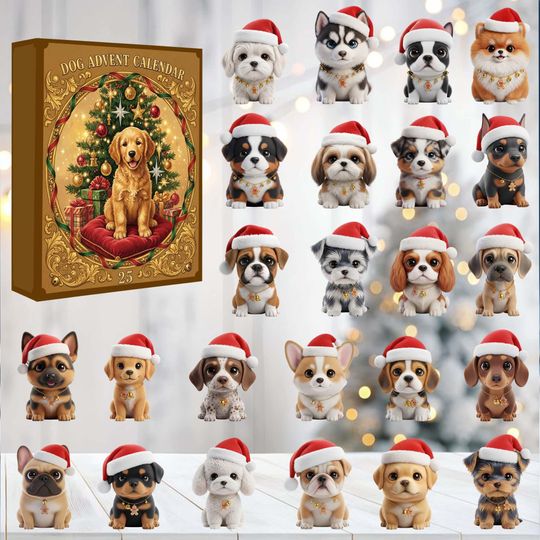 Dog Advent Calendar 2025 with 24 Cute Puppy Figurines, X-Mas Countdown Gift Set for Dog Lovers, Fun Holiday Box for Families & Kids