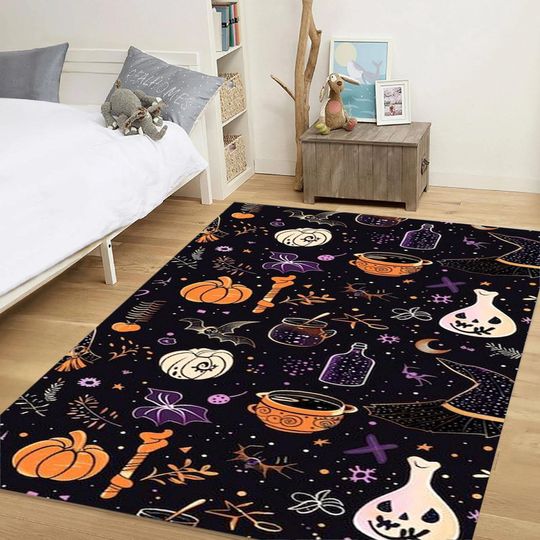 Halloween Witch & Pumpkin Rug, Washable Non-Slip Playroom Rug