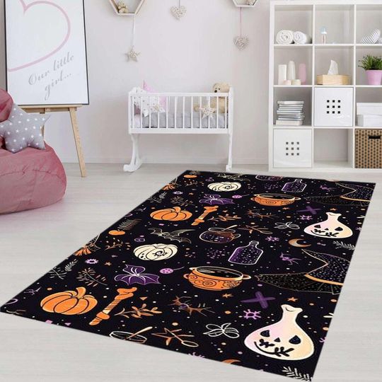 Halloween Witch & Pumpkin Rug, Washable Non-Slip Playroom Rug
