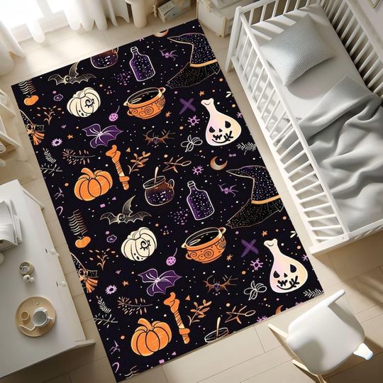 Halloween Witch & Pumpkin Rug, Washable Non-Slip Playroom Rug