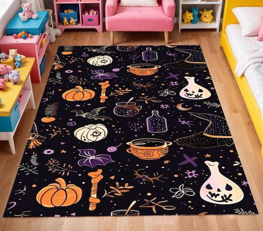Halloween Witch & Pumpkin Rug, Washable Non-Slip Playroom Rug