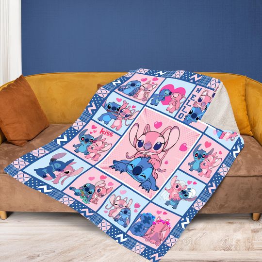 Personalized Stitch Angel Blanket, Custom Stitch LiLo Blanket, Couple Blanket, Valentine Gift