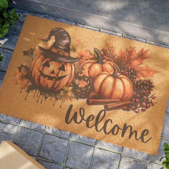 Halloween Welcome Doormat, Pumpkin Fall Decor, Autumn Welcome Mat, Seasonal Entryway Rug, Fall Decor, Fall Welcome Mat