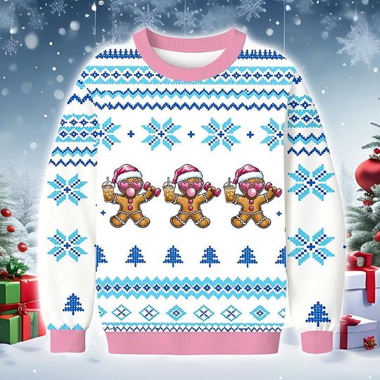 Gingerbread Christmas Sweater, Knit-Style White Blue Holiday Sweatshirt