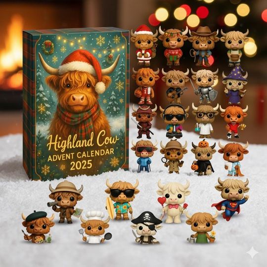 Highland Cow Advent Calendar 2025 Limited Edition 24 Mini Figurines Box, Cute Farm Animal Christmas Countdown Gift for Collectors