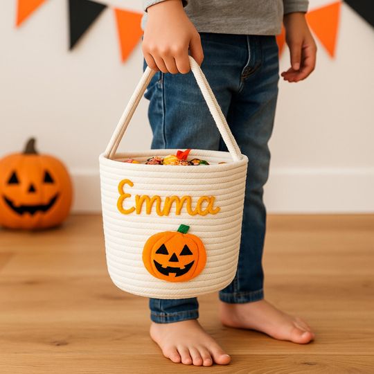 Custom Trick or Treat Basket with Name/Personalized Halloween Candy Bucket / Soft Rope Halloween Tote / Treat Bag Gift/Halloween gifts