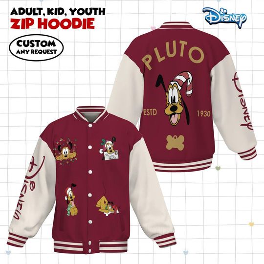 Disney Pluto Christmas Varsity Jacket, Adult Varsity Jacket, Personalized Disney Jacket