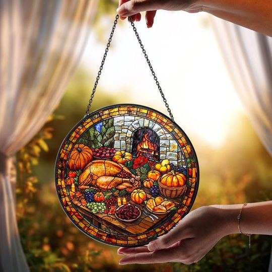 Thanksgiving Turkey Suncatcher: Stained Glass Window Art - Grandma Gift