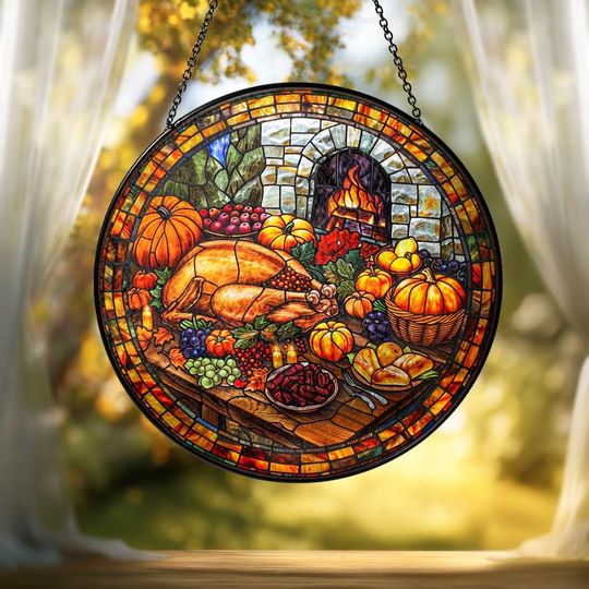 Thanksgiving Turkey Suncatcher: Stained Glass Window Art - Grandma Gift