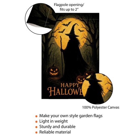 Halloween Garden Flag: Witch Silhouette, Pumpkin & Bat Decor