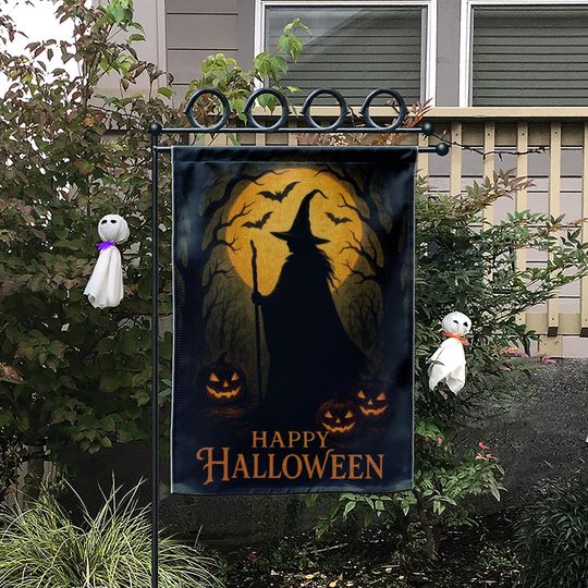 Halloween Garden Flag: Witch Silhouette, Pumpkin & Bat Decor