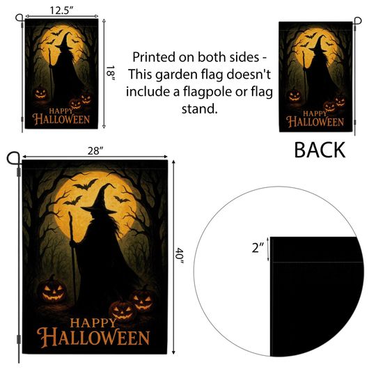 Halloween Garden Flag: Witch Silhouette, Pumpkin & Bat Decor