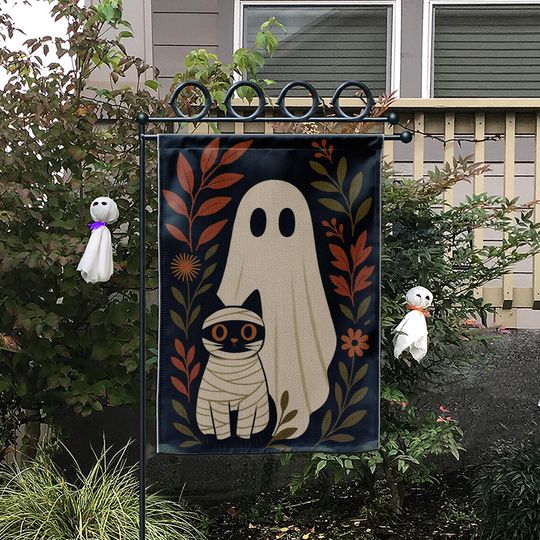 Halloween Garden Flag: Ghost and Mummy Cat Decor