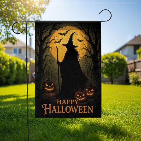 Halloween Garden Flag: Witch Silhouette, Pumpkin & Bat Decor