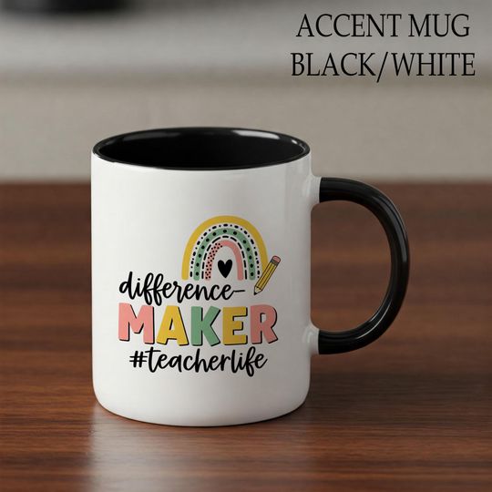 Difference Maker Teacher Mug  Accent Coffee Cup for Educators with Rainbow Design  Teacher Life Gift for Back to School