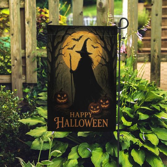 Halloween Garden Flag: Witch Silhouette, Pumpkin & Bat Decor