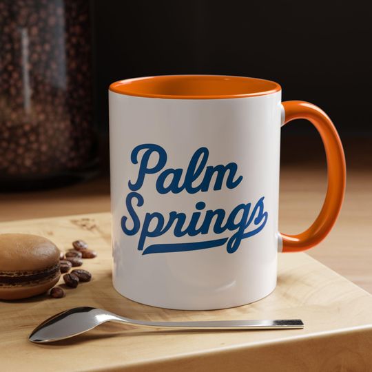 Palm Springs Coffee Mug: Retro Dodgers Font, Orange Accent Mug