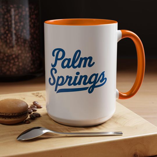 Palm Springs Coffee Mug: Retro Dodgers Font, Orange Accent Mug