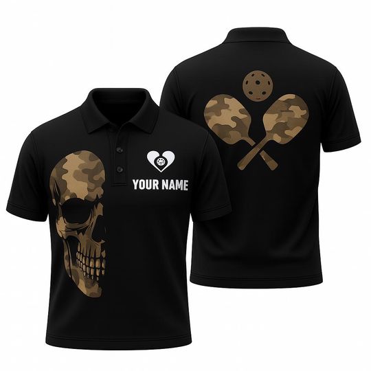 Custom Camo Skull Pickleball Polo Shirt, Personalized Paddle & Skull Design