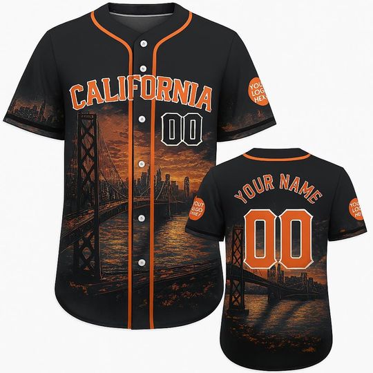 Custom California Baseball Jersey  Golden Gate Bridge Night Skyline