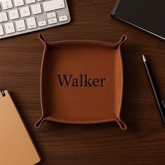 Personalized Leather Valet Tray - Handmade Desk Organizer with Initials