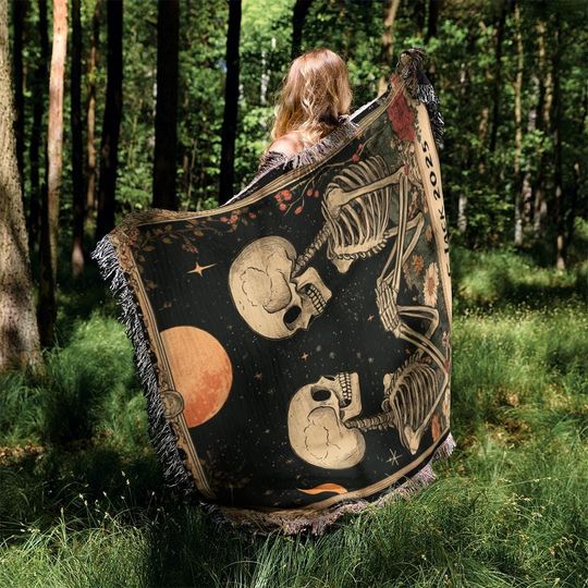 Till Death Do Us Part Skeleton Couple Woven Blanket, Personalized Gothic Halloween Throw, Custom Names Blanket,Romantic Gift for Him and Her