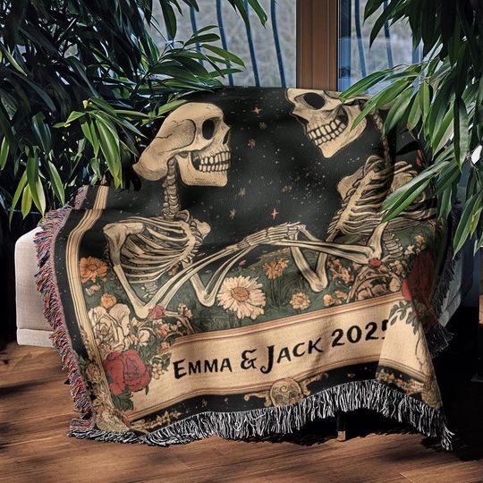 Till Death Do Us Part Skeleton Couple Woven Blanket, Personalized Gothic Halloween Throw, Custom Names Blanket,Romantic Gift for Him and Her