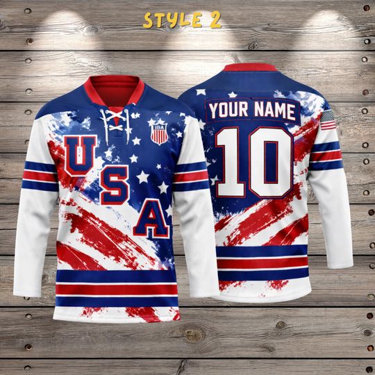 USA Inspired 3D Lace Up Hockey Jersey, All Over Print Pique Shirt, Lightweight Breathable, Custom Name Number, Hockey Fan Gift