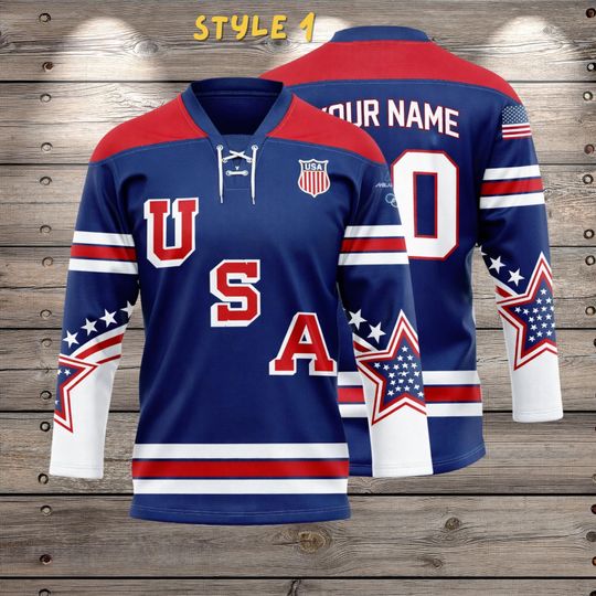 USA Inspired 3D Lace Up Hockey Jersey, All Over Print Pique Shirt, Lightweight Breathable, Custom Name Number, Hockey Fan Gift