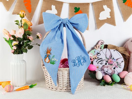 Personalized Embroidered Easter Basket Sash, Seersucker Bow, Monogrammed Bunny Design