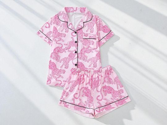Leopard Print Pajama Set | Women's Short Sleeve Top | Button Sleepwear Shorts | Cute Animal Pattern Loungewear | Soft Summer Nightwear