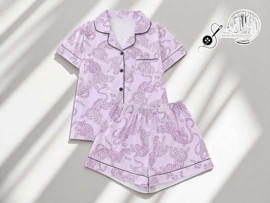 Leopard Print Pajama Set | Women's Short Sleeve Top | Button Sleepwear Shorts | Cute Animal Pattern Loungewear | Soft Summer Nightwear