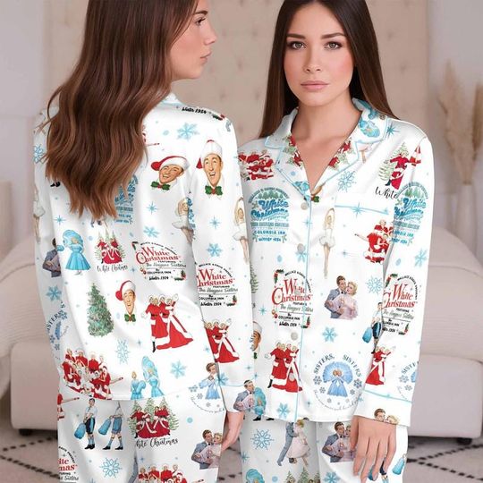 White Christmas Satin Pajama Set For Women, Vintage Christmas Movie Sleepwear Set, Haynes Sisters White Christmas PJs, Matching Family Pjs