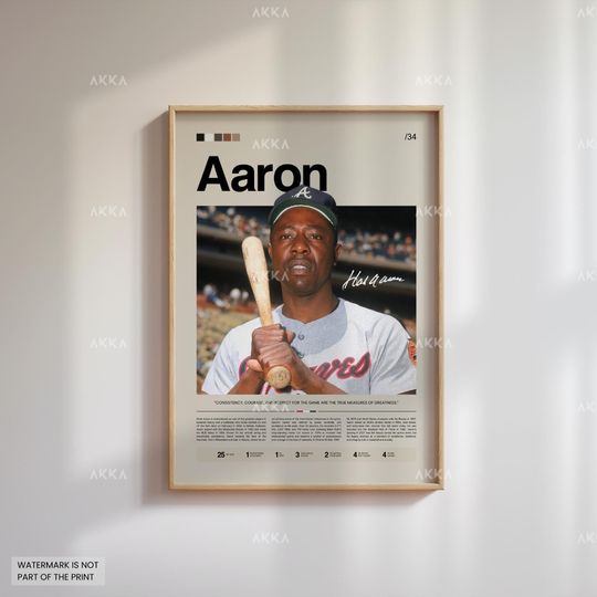 Hank Aaron Poster, Atlanta Braveess Wall Art Print, Framed Baseball Decor