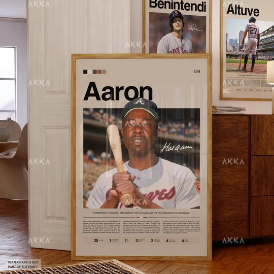 Hank Aaron Poster, Atlanta Braveess Wall Art Print, Framed Baseball Decor