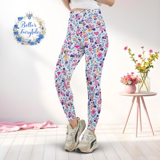 Minnie and Wild Flowers, Disney Women Legging, Active Wear Yoga Pants, Disney Gift, Cruise Outfit, Disney Outfit