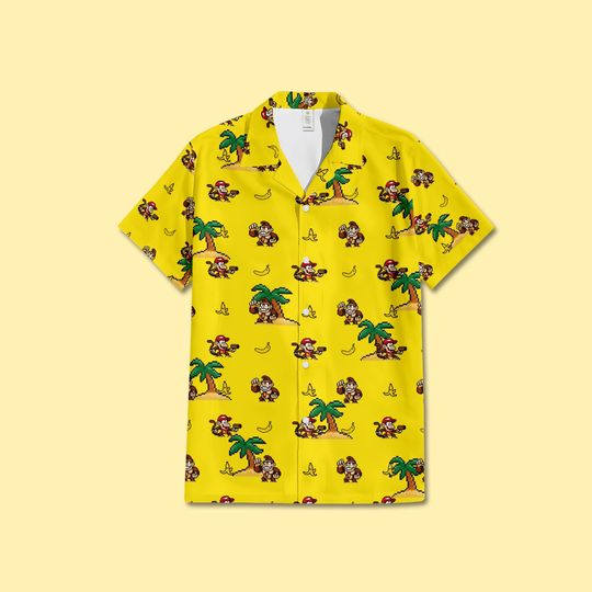 Donkey Kong Pixel Art Hawaiian Shirt, Retro 8 Bit Diddy Kong Banana Shirt, Yellow Gaming Summer Button Up, Classic Nintendo Fan Apparel