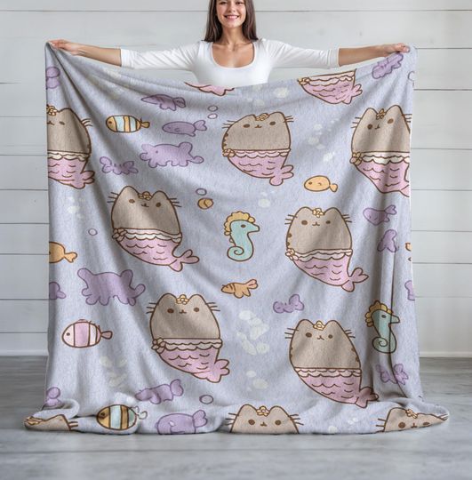 Pusheen Mermaid Cat Fleece Blanket, Cozy Ocean Animal Throw, Kawaii Kitten Mermaid Wrap, Fantasy Sea Life Plush Cover