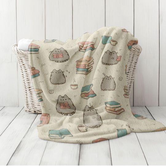 Chubby Cat Reading Fleece Blanket with Pusheen Cat Print