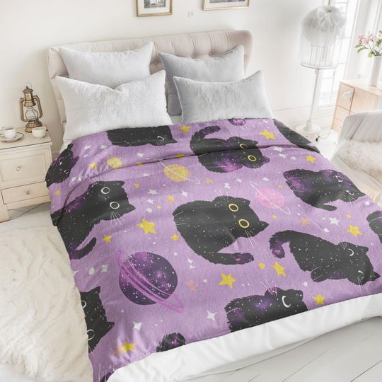 Galaxy Cat Fleece Blanket with Space Kitten Design for Pet Owners