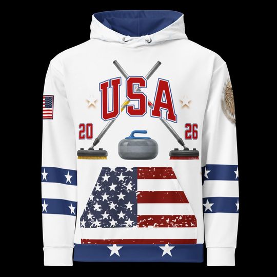 USA Curling- Hoodie, WHITE,   All Over Print Product, Expect three weeks for delivery