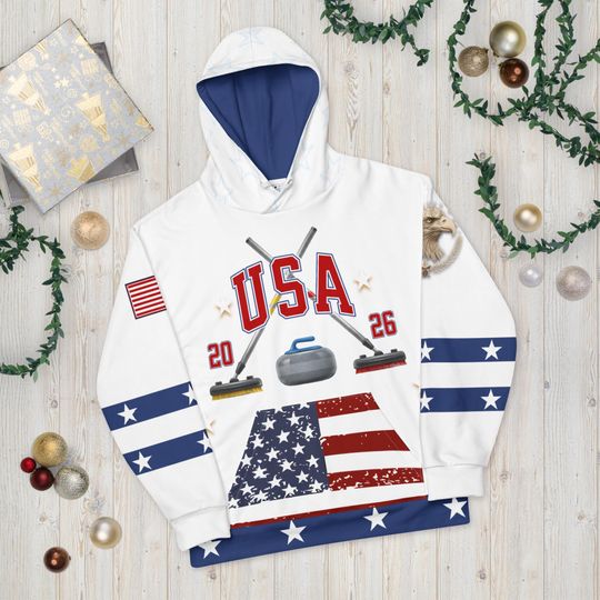 USA Curling- Hoodie, WHITE,   All Over Print Product, Expect three weeks for delivery